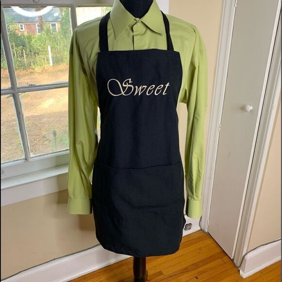 At Home with Susan Fleming personality apron “Sweet” black with tan thread - Picture 1 of 10